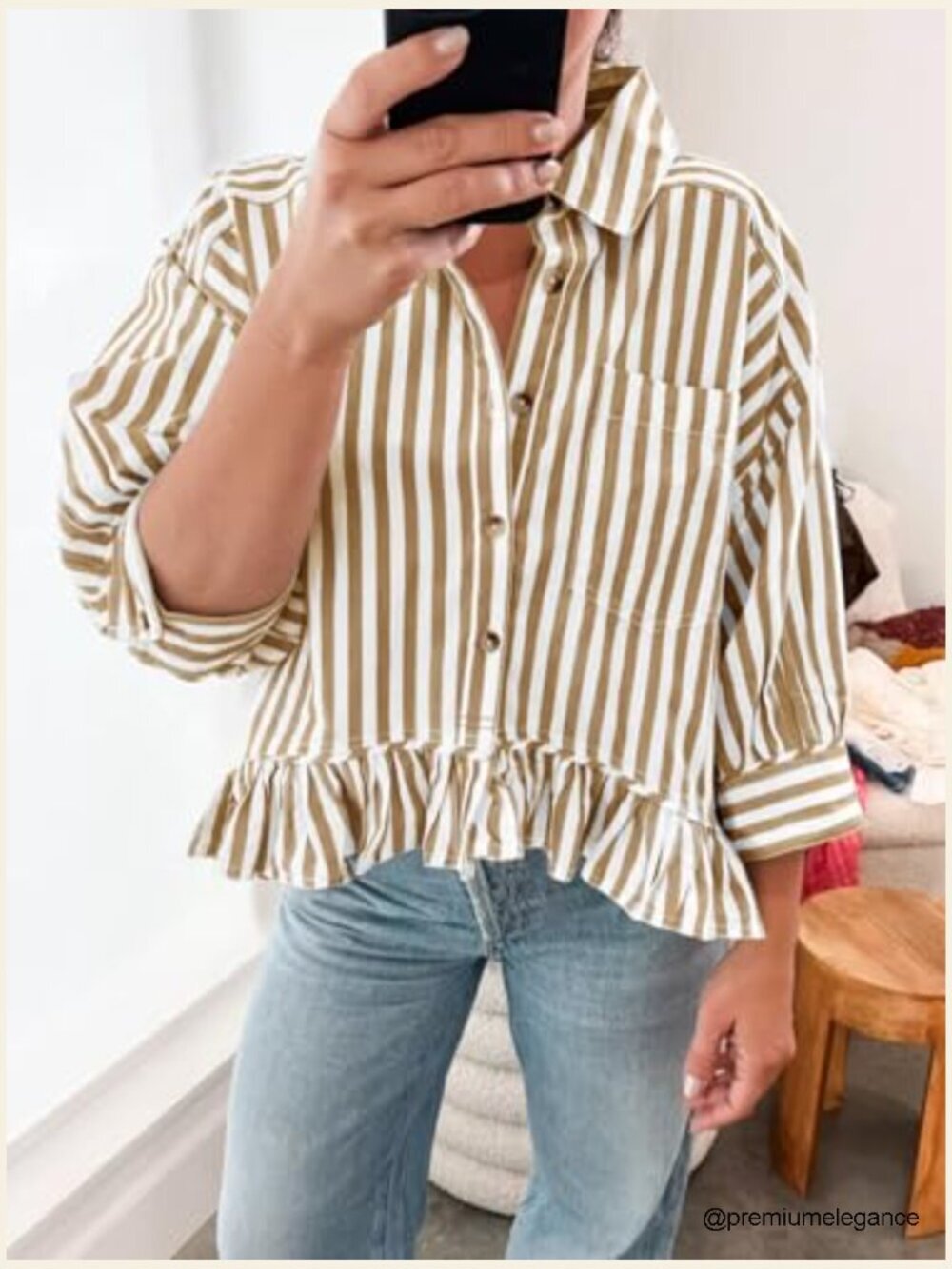 Cropped Striped Button Down Ruffle 3/4 Sleeve Blouse - Picture 2 of 6